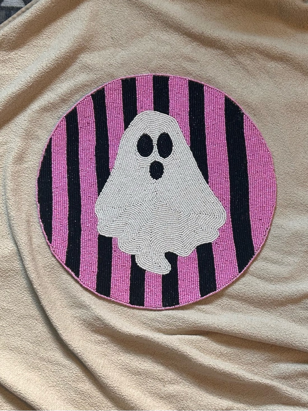 TIRAMISU 15in Pinstripe Pink And Black Halloween Ghost Beaded Placemat NEW